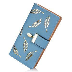 Women's Long Leaf Bifold Wallet Leather Card Holder ID Blue